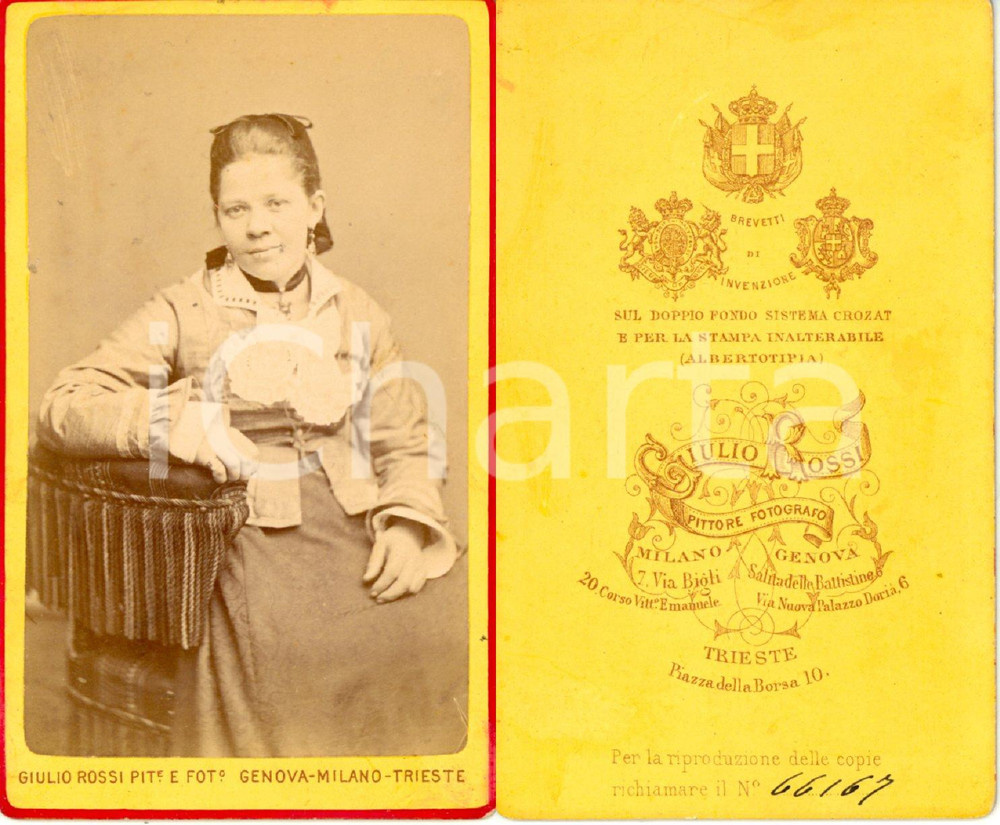 Fotografia d epoca originale 1870 ca GENOVA Ritratto di giovane donna Foto GIULIO ROSSI pittore 1