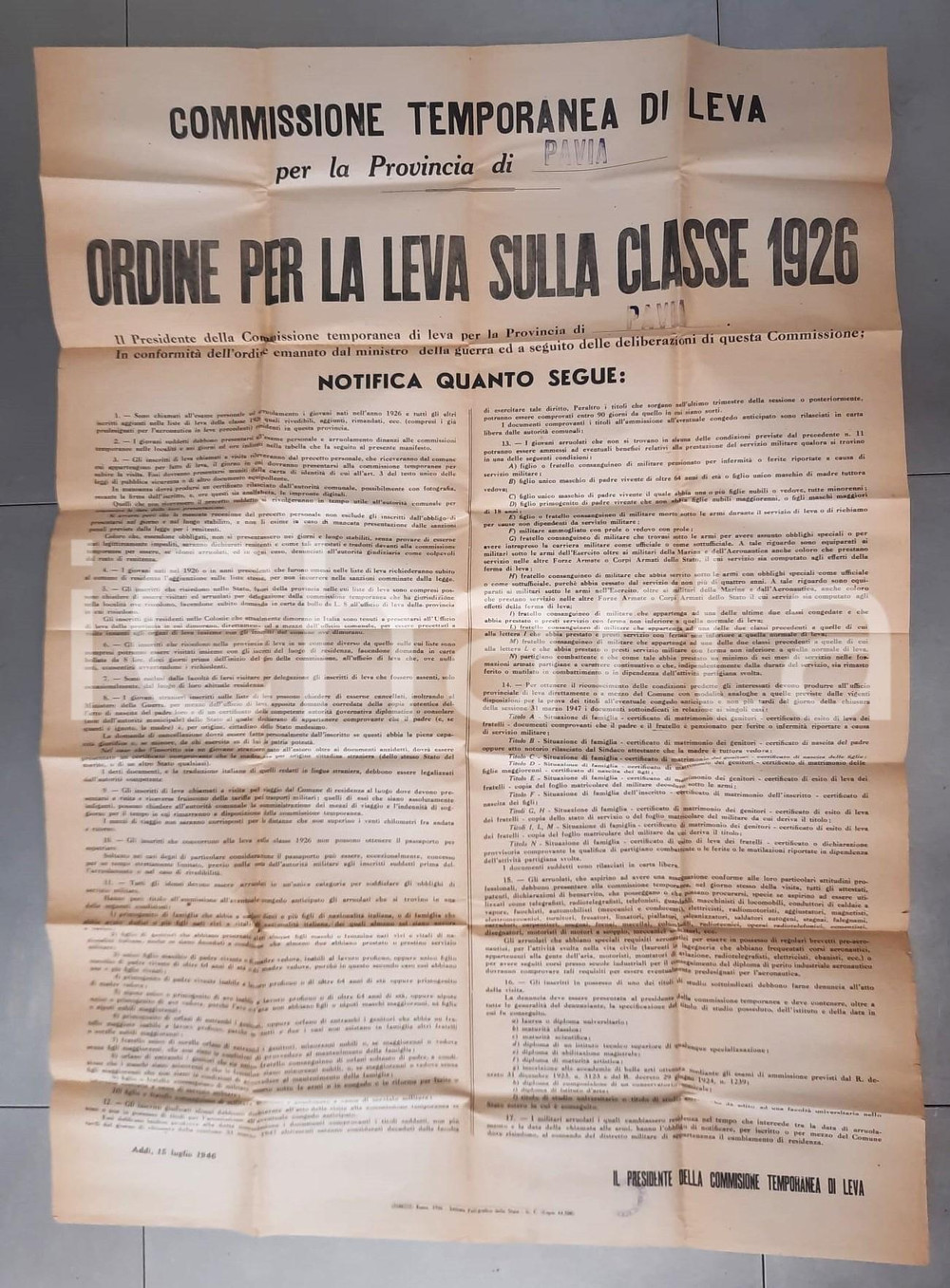 Documento originale, autentico 1946 PAVIA Ordine per la leva sulla classe 1926 - Manifesto 80x120 cm 1