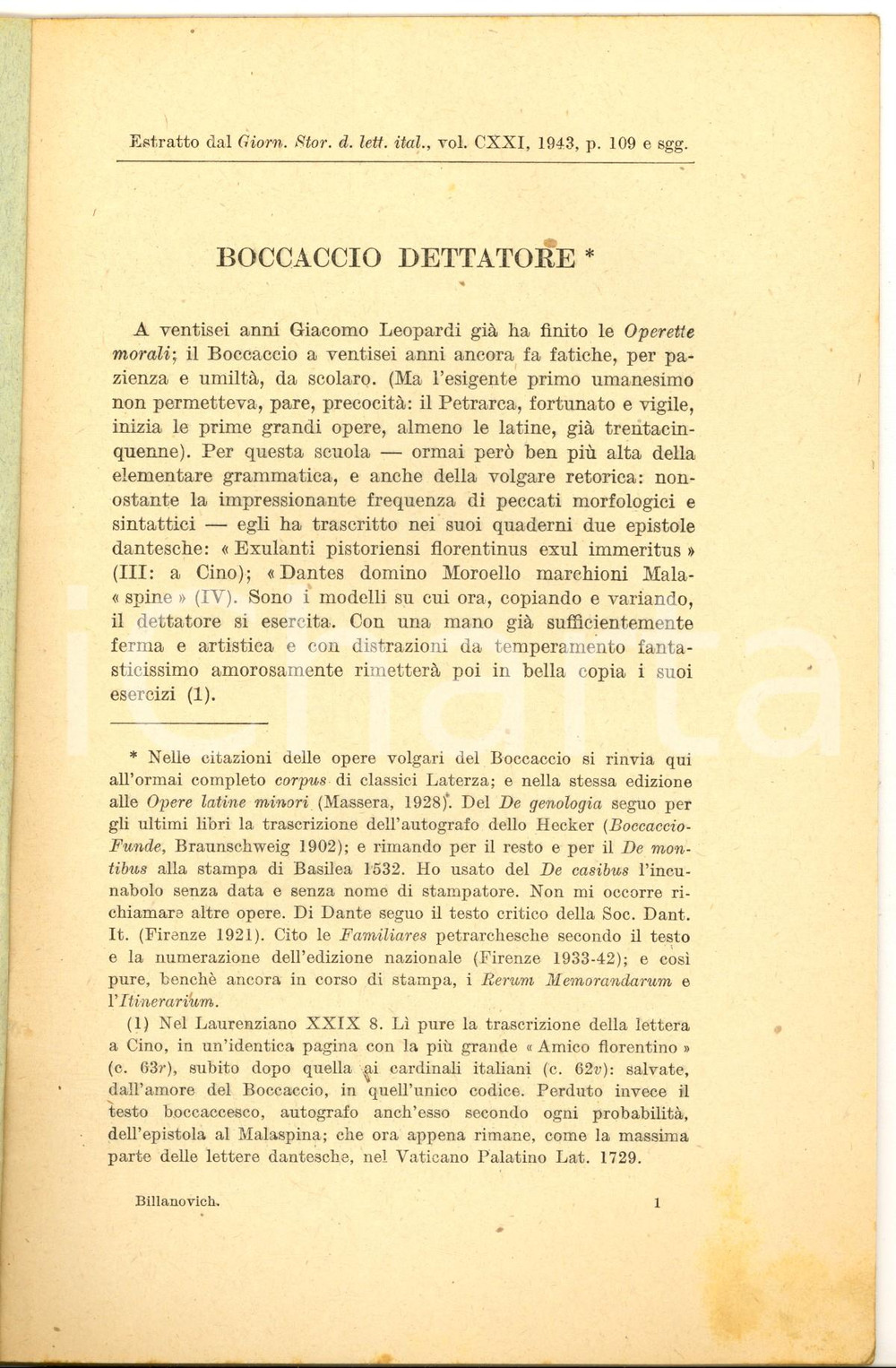 Libro, pubblicazione d epoca 1943 Giuseppe BILLANOVICH Boccaccio dettatore  Estratto 26 pp. 1