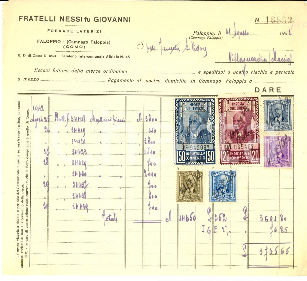 Documento originale, autentico 1942 FALOPPIO CO Fratelli NESSI fu Giovanni  Fabbrica laterizi Fattura 1