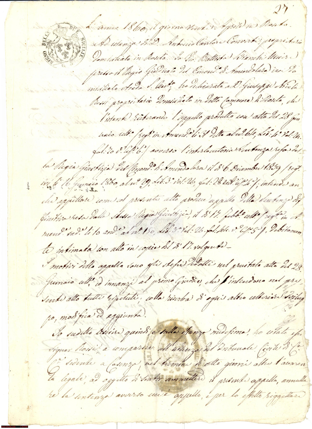 Documento originale, autentico 1860 ROSETO DEGLI ABRUZZI (TE) Don Giuseppe Nicola ROSSI in appello 1