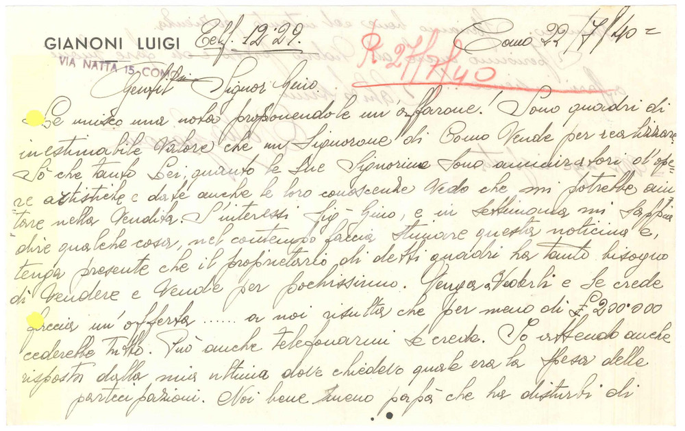 Manoscritto, lettera originale 1940 COMO Lettera Dalia GIANONI per vendita quadri di una collezione 1