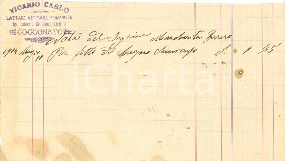 Documento originale, autentico 1904 COCCONATO AT Carlo VICARIO lattaio vetraio pompista Ricevuta 1
