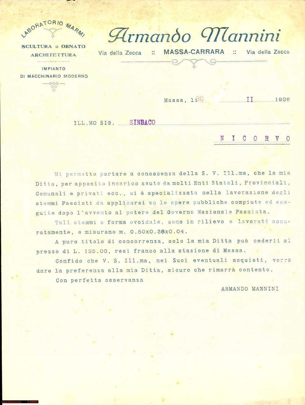 Documento originale, autentico 1926 MASSA CARRARA (MS) Stemmi fascisti Armando MANNINI 1