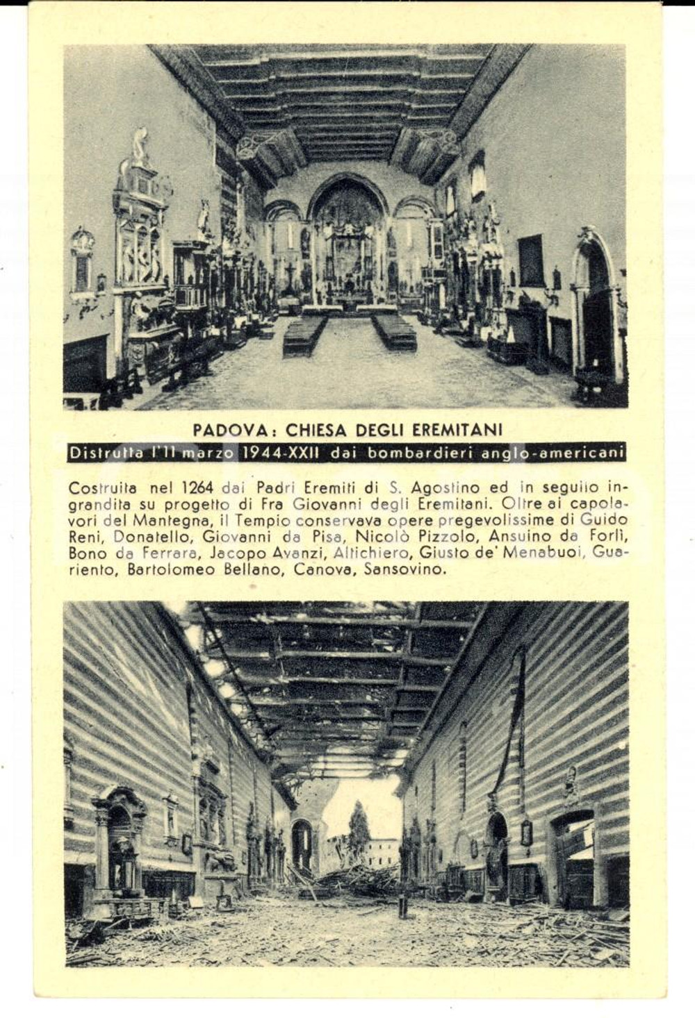 Cartolina originale da collezione 1944 PROPAGANDA RSI PADOVA Chiesa Eremitani distrutta dagli Alleati Cartolina 1