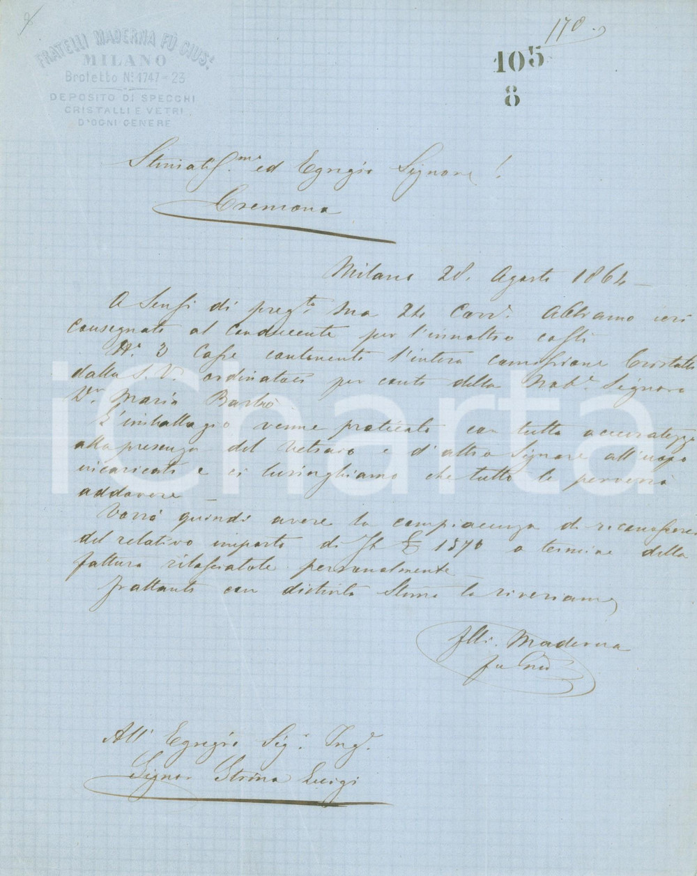 Documento originale, autentico 1864 MILANO VIA BROLETTO Fratelli MADERNA Specchi cristalli e vetri Lettera 2 1
