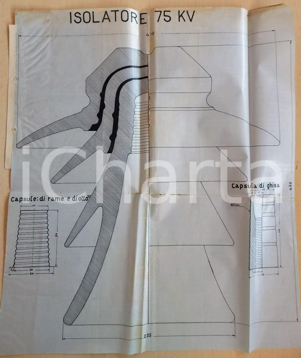 Stampa, bozzetto originale 1950 ca DISEGNO INDUSTRIALE Progetto per isolatore 75 kw con capsule 45x50 cm 1