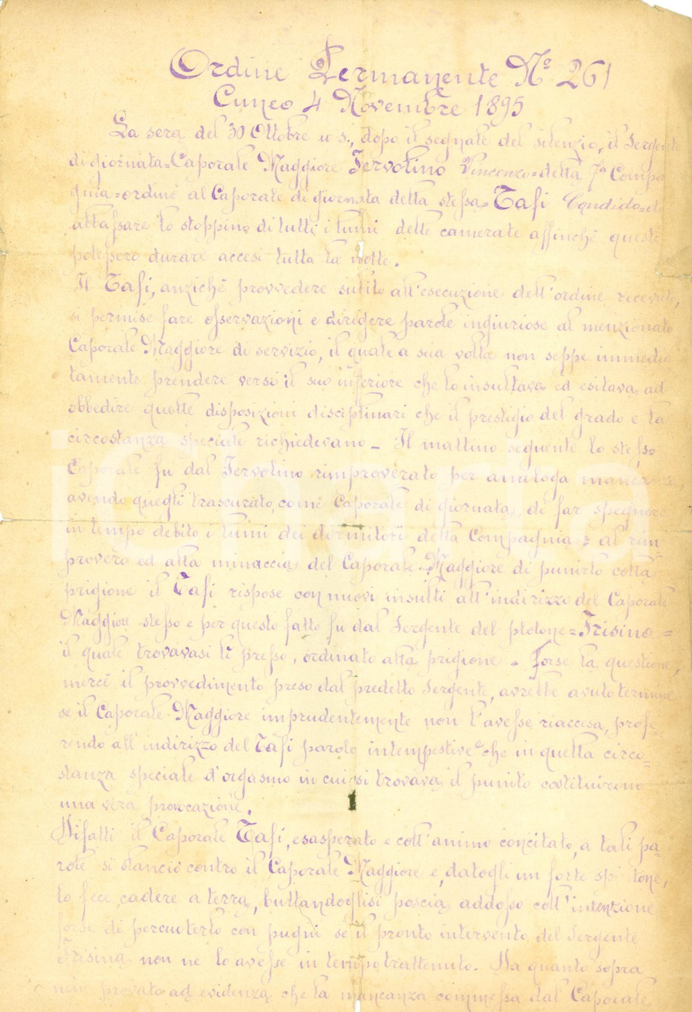 Documento originale, autentico 1895 CUNEO Caporale Candido TAFI si ribella a Caporale Vincenzo IERVOLINO 1