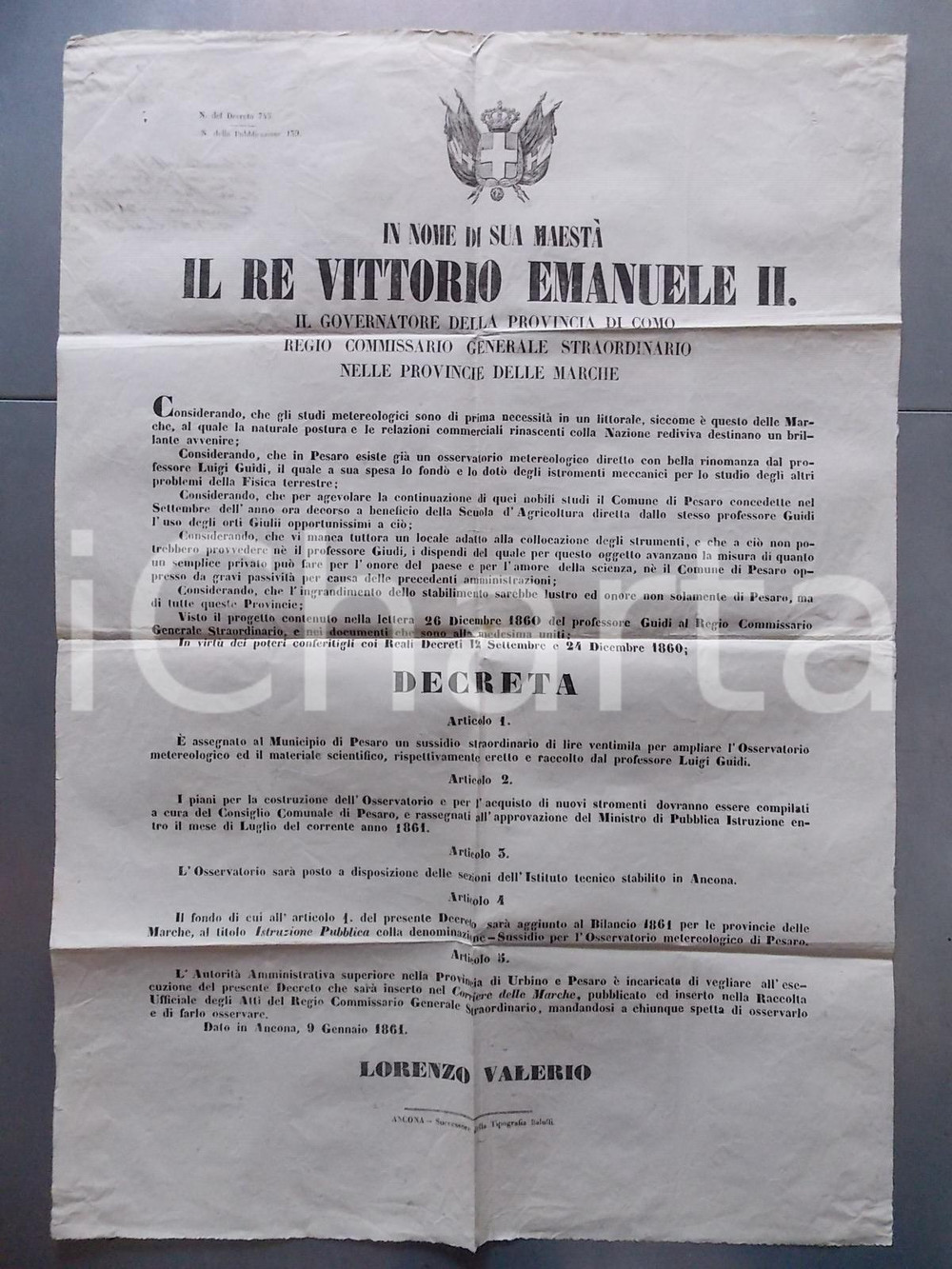 Documento originale, autentico 1861 PESARO Sussidio straordinario per Osservatorio e raccolte prof. Luigi GUIDI 1