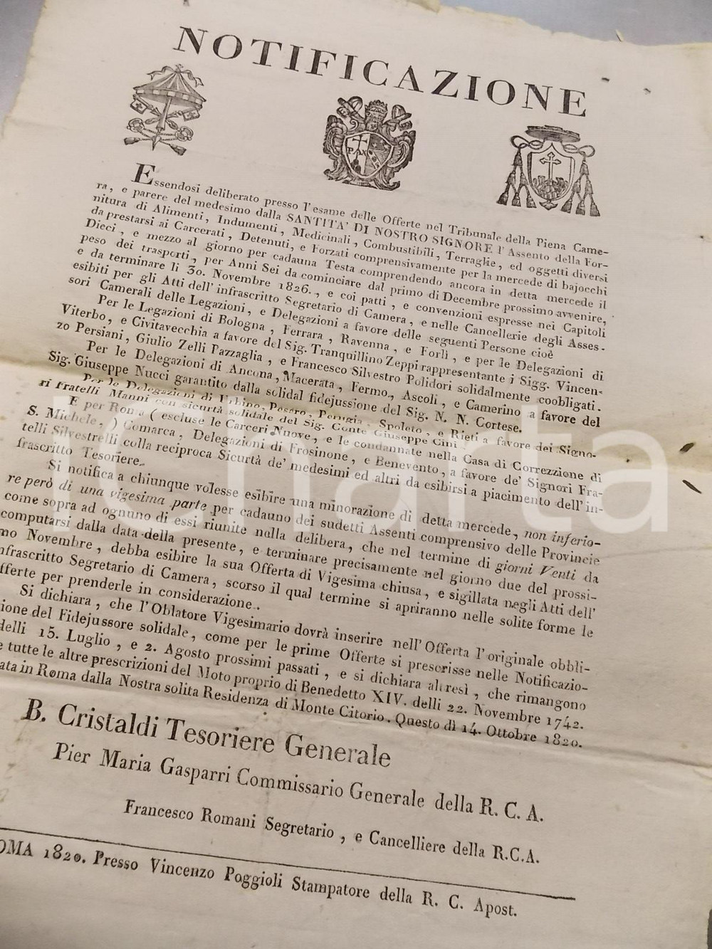 Documento originale, autentico 1820 STATO PONTIFICIO Appalto per fornitura beni ai carcerati Manifesto 1