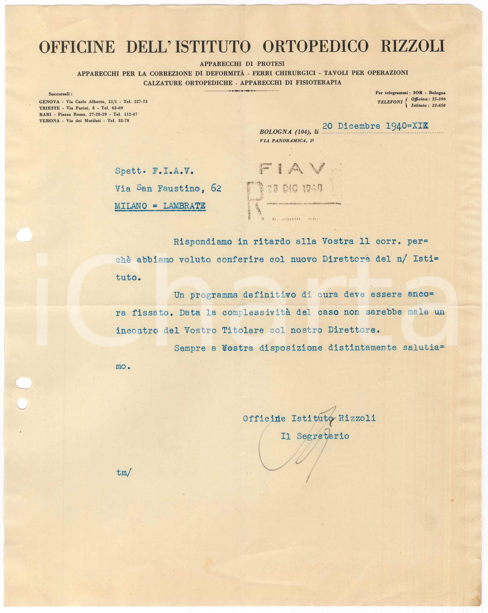 1940 BOLOGNA Officine Istituto Ortopedico RIZZOLI - Lettera segretario
