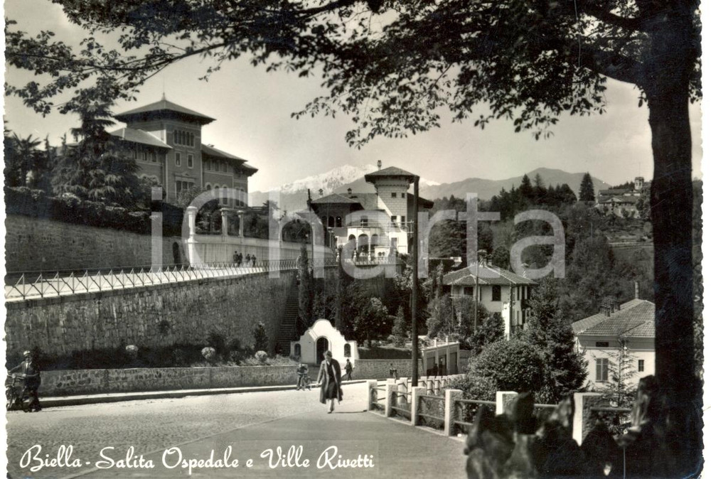 Cartolina originale da collezione 1963 BIELLA Salita all'OSPEDALE e Ville RIVETTI *Cartolina ANIMATA FG VG 1