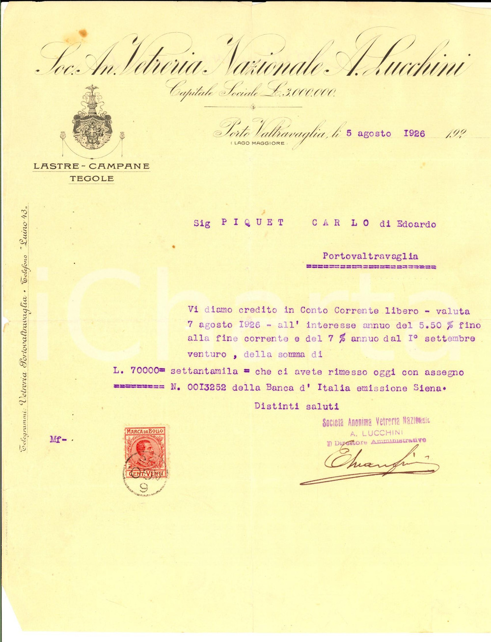 Manoscritto, lettera originale 1926 PORTO VALTRAVAGLIA VA Vetreria Nazionale LUCCHINI Lettera su accredito 1