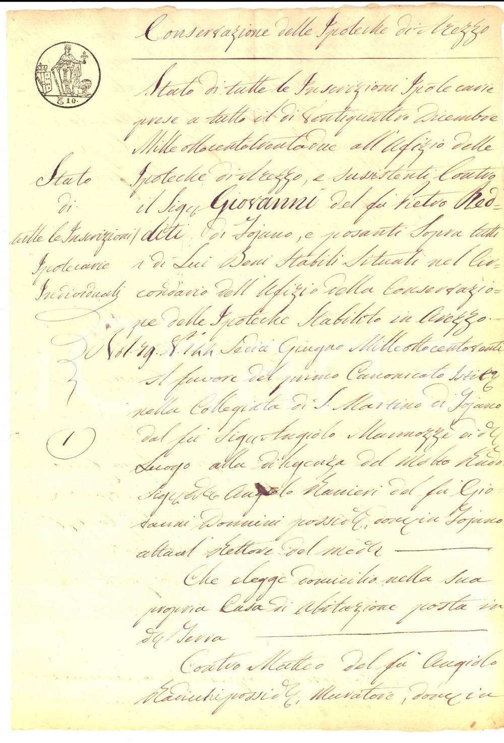 Manoscritto, lettera originale 1832 FOIANO DELLA CHIANA AR Situazione beni immobili di Giovanni REDDITI 1