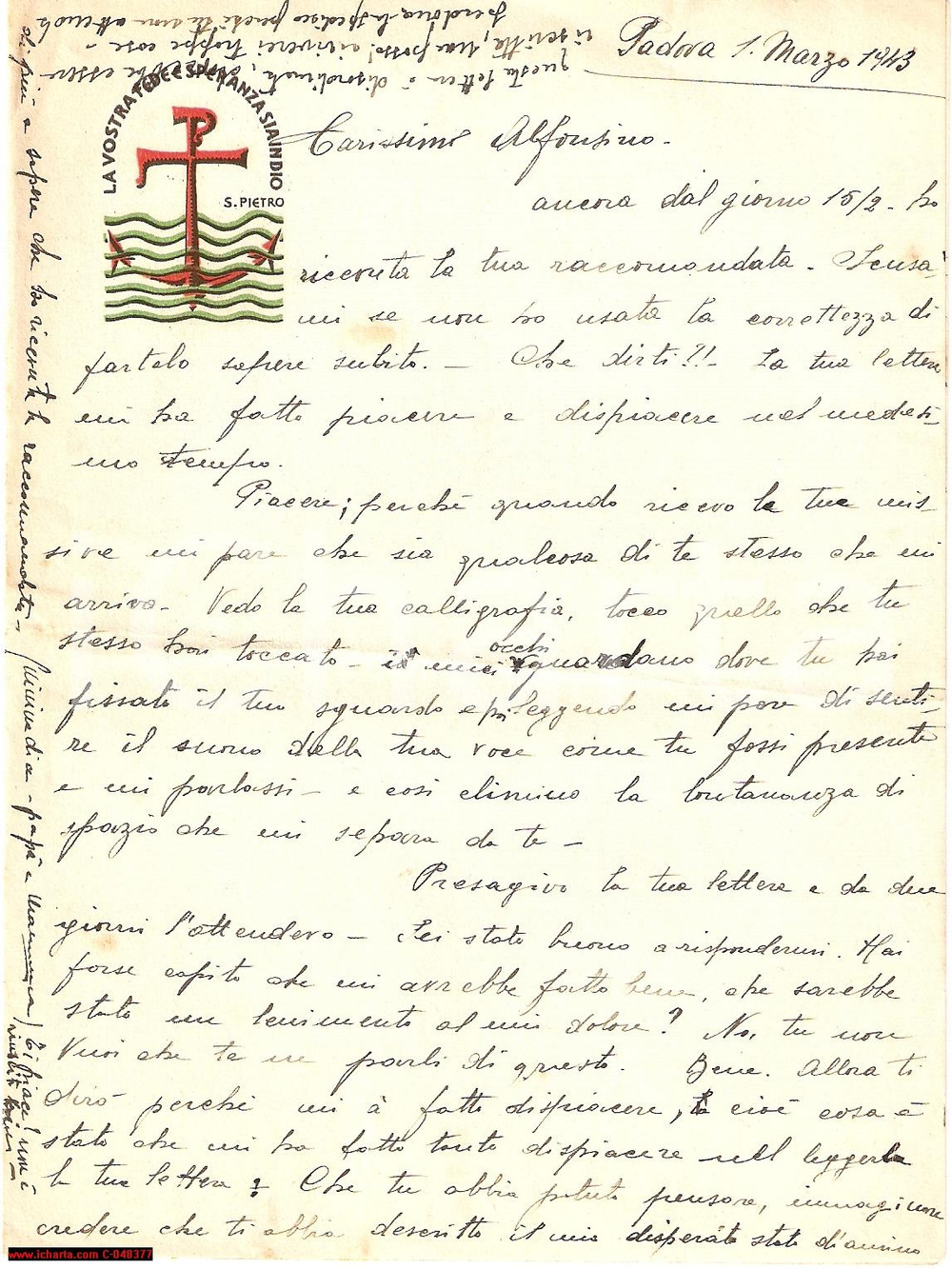 Manoscritto, lettera originale 1943 PADOVA Se non torni nostra figlia soffrirÃ  *Intestazione ILLUSTRATA 1