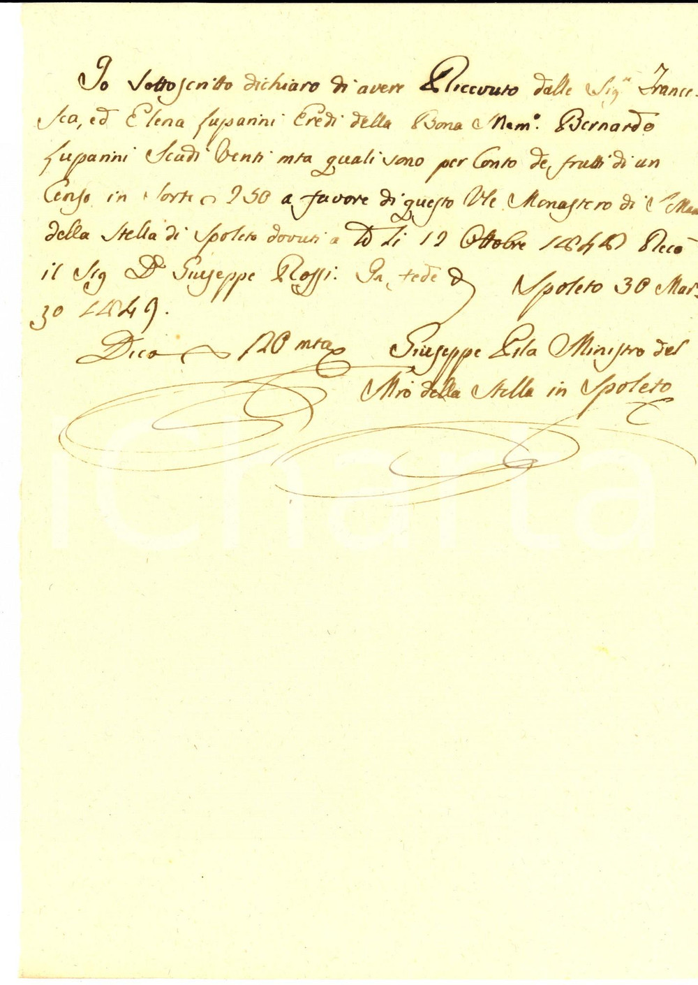 Documento originale, autentico 1849 SPOLETO Ricevuta Giuseppe PILA  ministro monastero SANTA MARIA DELLA STELLA 1