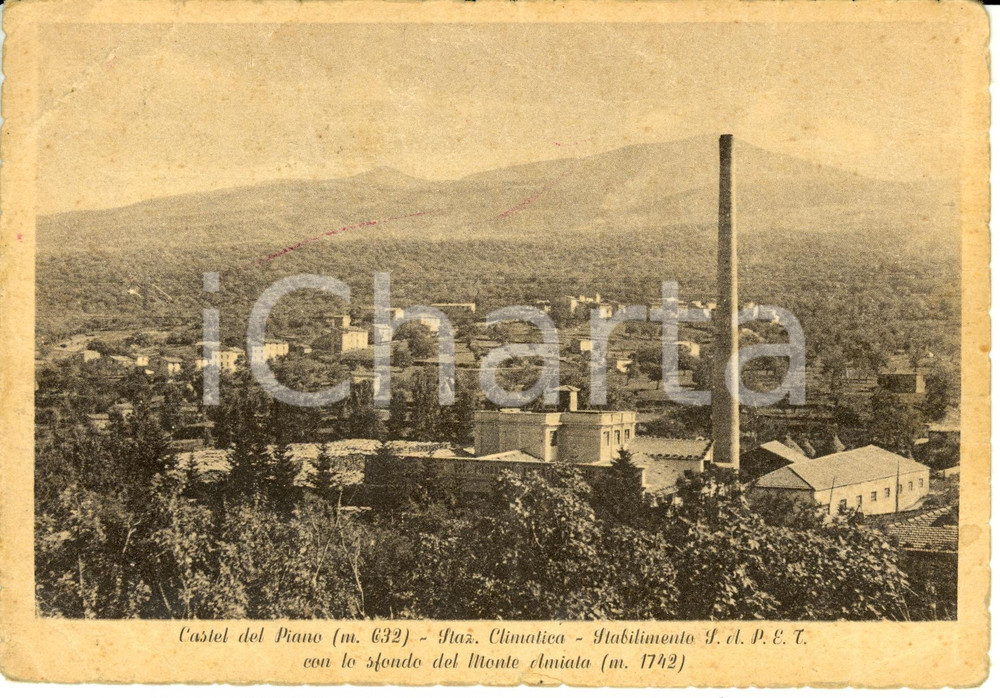 Cartolina originale da collezione 1931 CASTEL DEL PIANO (GR) Stabilimento S.A.P.E.T. con MONTE AMIATA *FG VG 1