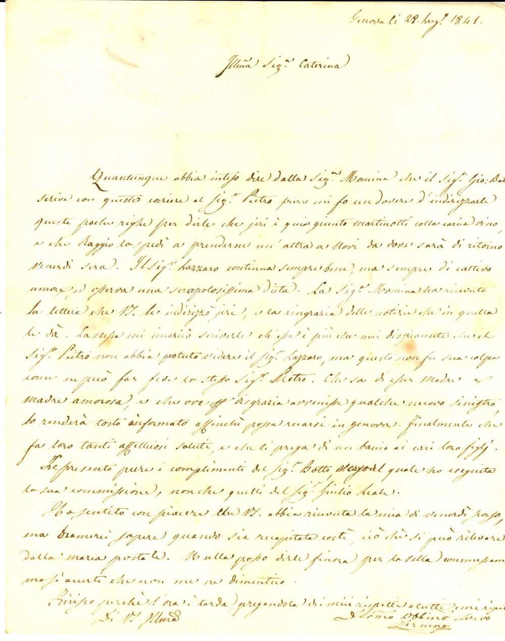 Documento originale, autentico 1841 GENOVA Notizie a Caterina NEGROTTO CAMBIASO sul figlio Lazzaro Maria 1