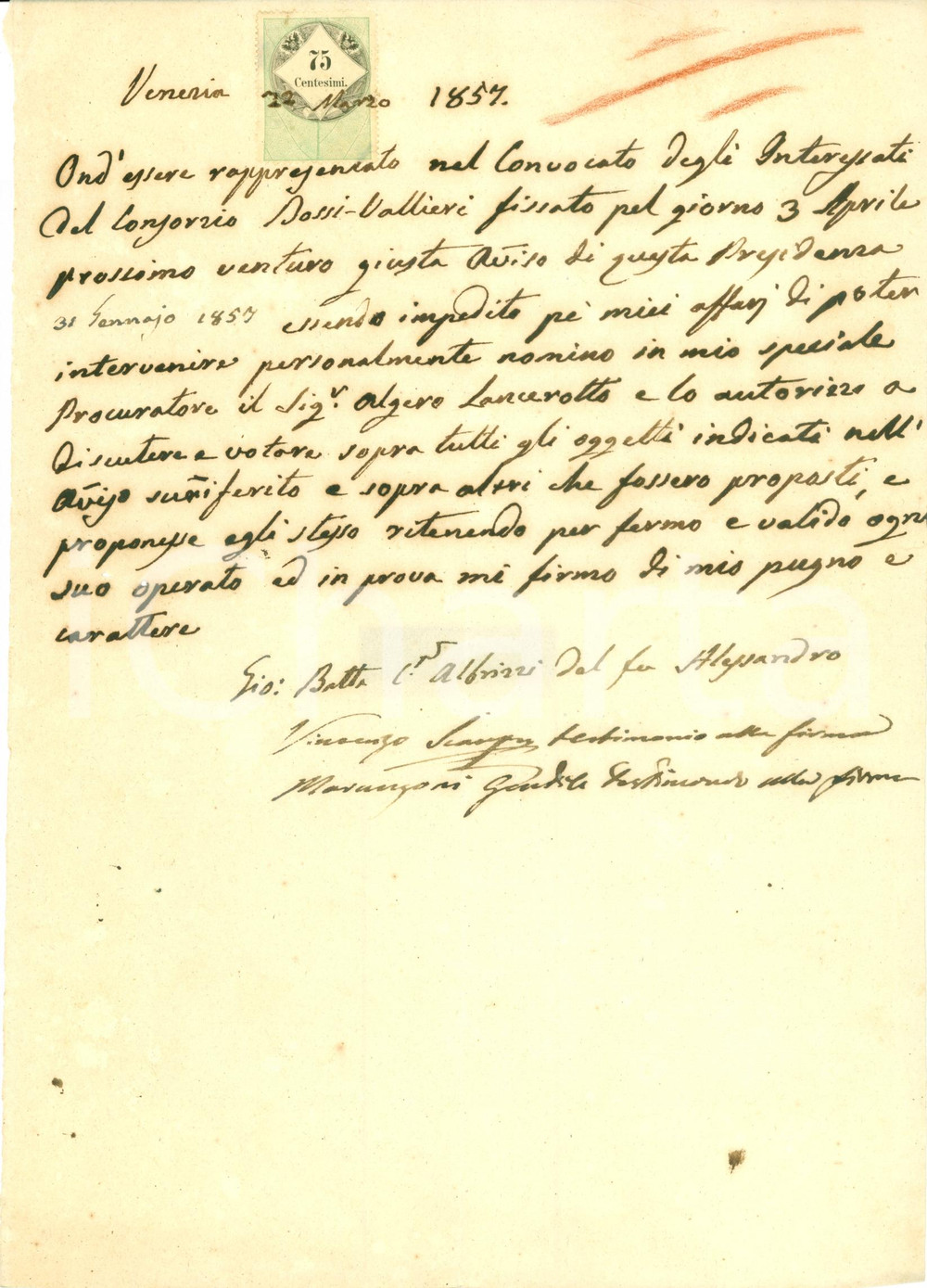 Documento originale, autentico 1857 VENEZIA Gio. Battista ALBRIZZI Consorzio DOSSI VALLIERI Algero LANCEROTTO 1