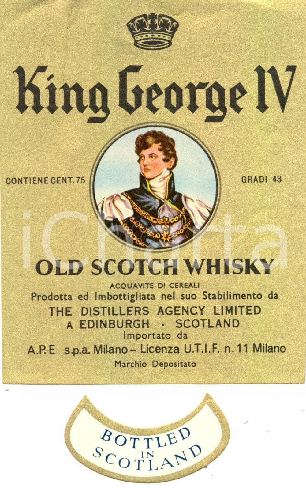 Materiale pubblicitario d’epoca 1970 ca MILANO APE King GEOIRGE IV Old scotch whisky ETICHETTA Bottled SCOTLAND 1