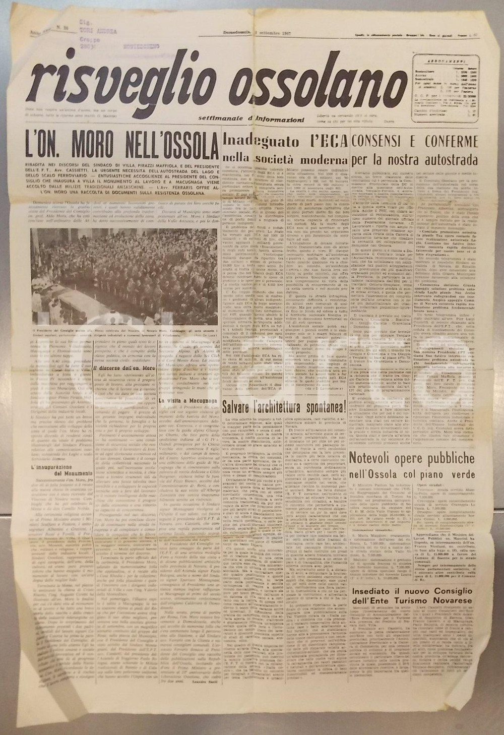 Giornale, rivista storica 1967 RISVEGLIO OSSOLANO Aldo MORO visita Val d OSSOLA Giornale 1