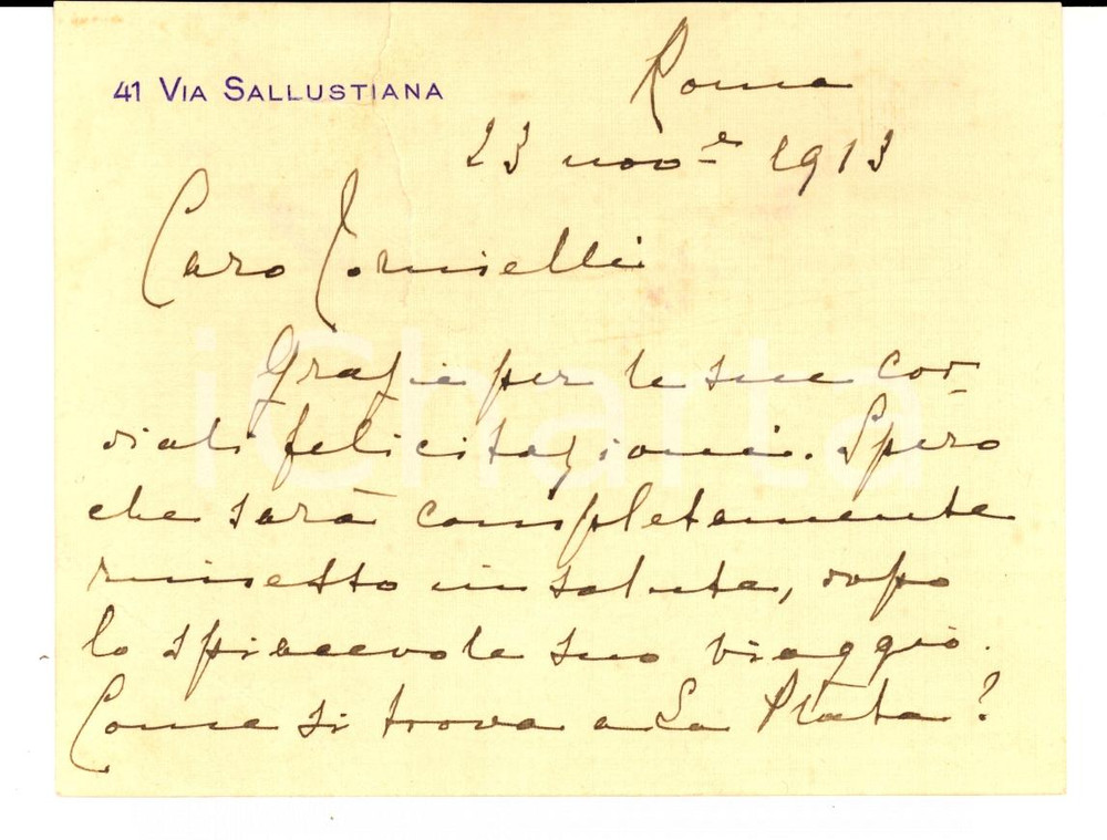 Documento originale, autentico 1913 ROMA Vincenzo MACCHI DI CELLERE all'amico Vittorio TORNIELLI *Autografo 1