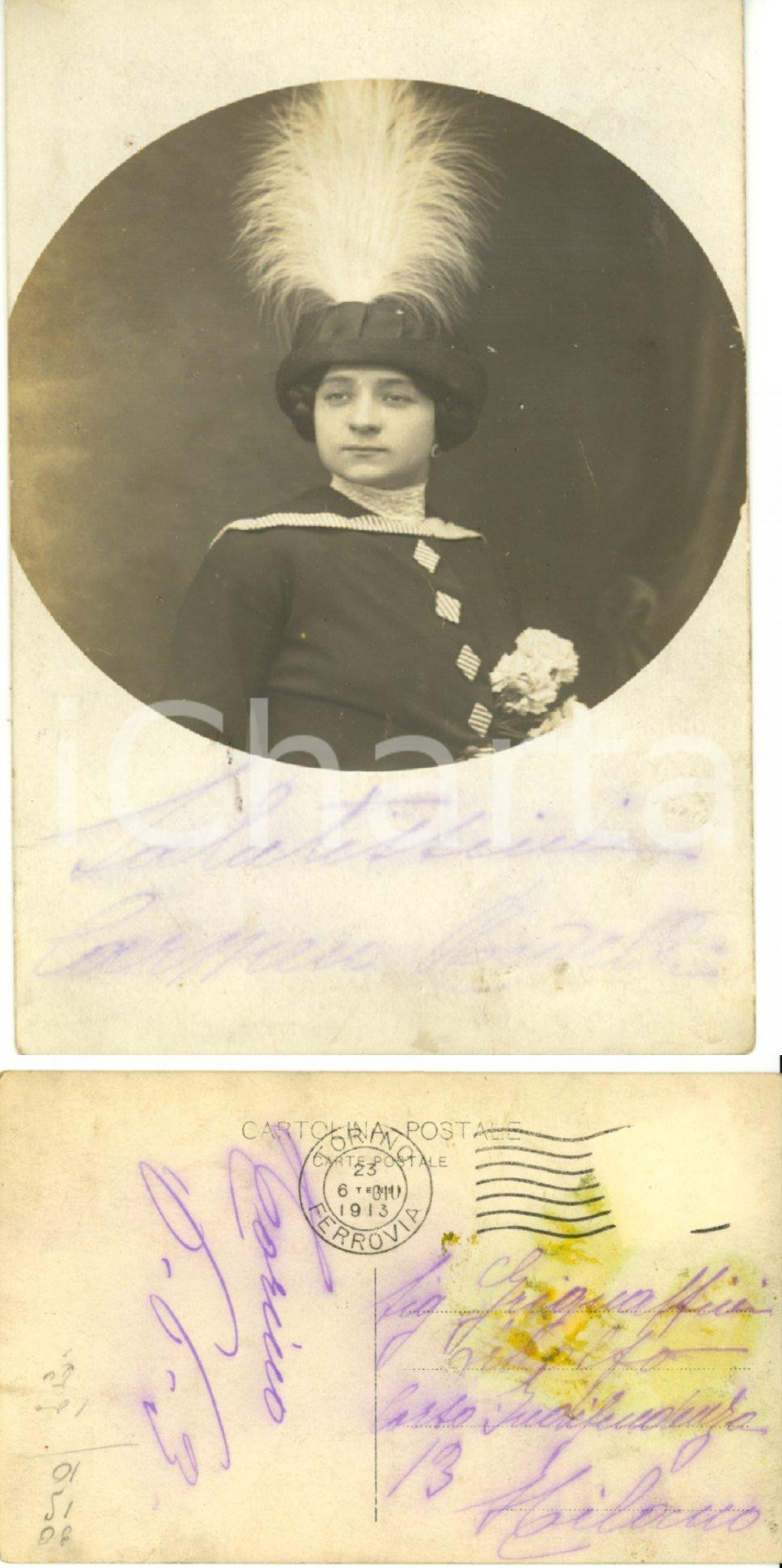 Cartolina originale da collezione 1913 TORINO Cantante operetta Carmela REVELLI con pennacchio  Foto AUTOGRAFATA 1