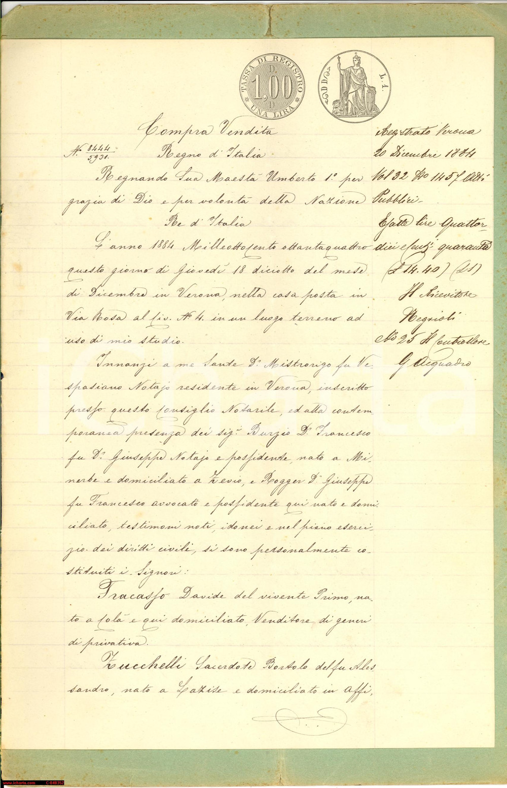 Documento originale, autentico 1884 LAZISE (VR) FRACASSO vende terra a don ZUCCHELLI 1