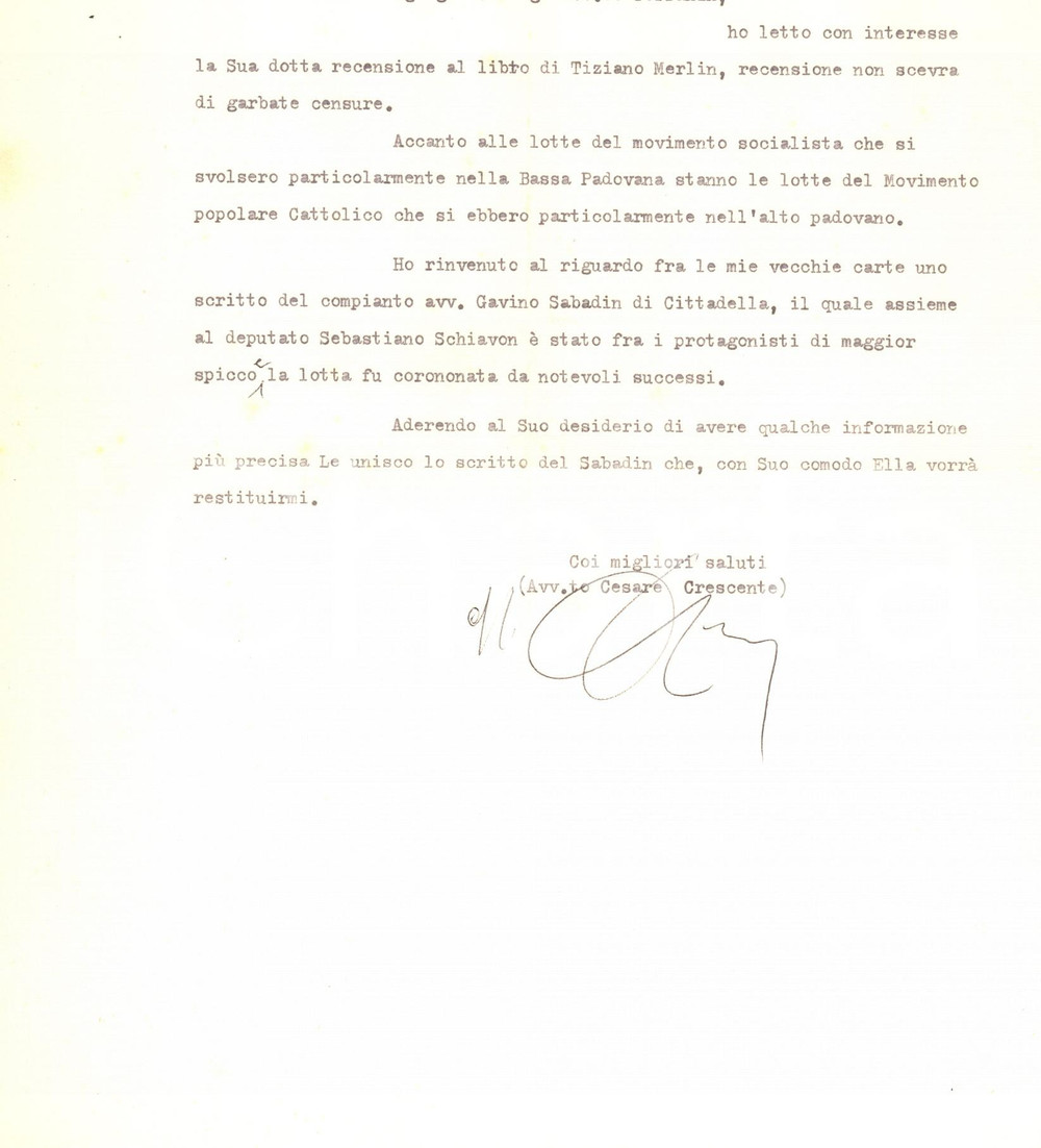 Autografo originale 1961 PADOVA Cesare CRESCENTE  Lettera per scritto di Gavino SABADIN AUTOGRAFO 1