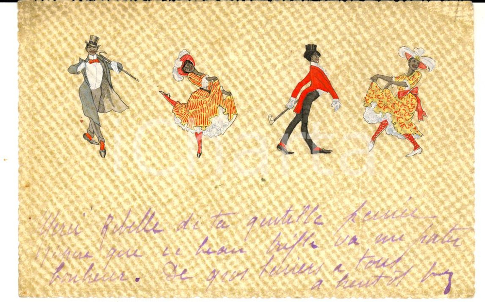 1920 ca FRANCIA Fila di ballerini di colore *Cartolina postale DISEGNATA A MANO DATA: 1920 ca  LUOGO: FRANCIA  TITOLO: CARTOLINA POSTALE DISEGNATA A MANO - BALLERINI DI COLORE  DESCRIZIONE: Pregevole cartolina postale d'epoca, disegnata e acquerellata a mano. CONDIZIONI: buone  FORMATO: FP  Cartolina postale d'epoca, originale, autentica, FP, NV.     originale e autentica 1