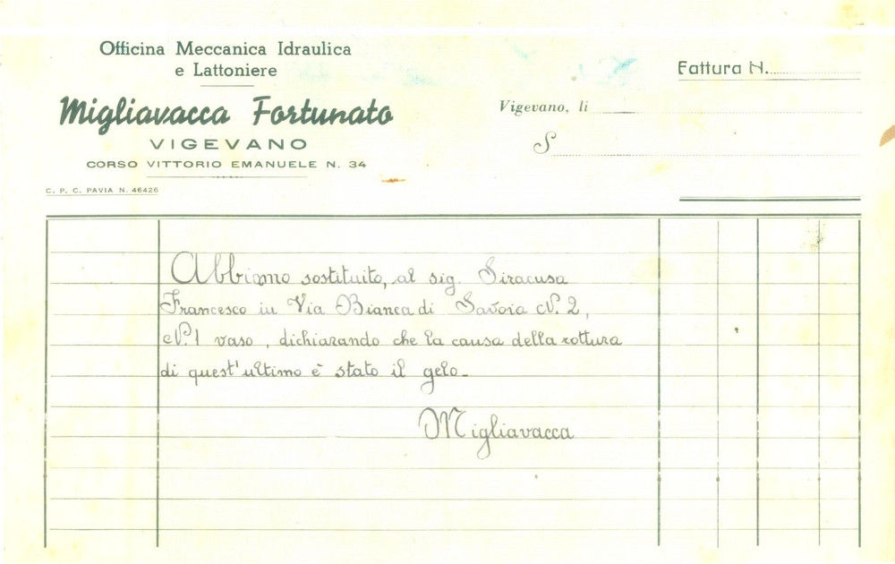 Documento originale, autentico 1930 ca VIGEVANO Fortunato MIGLIAVACCA Officina meccanica lattoniere Fattura 1