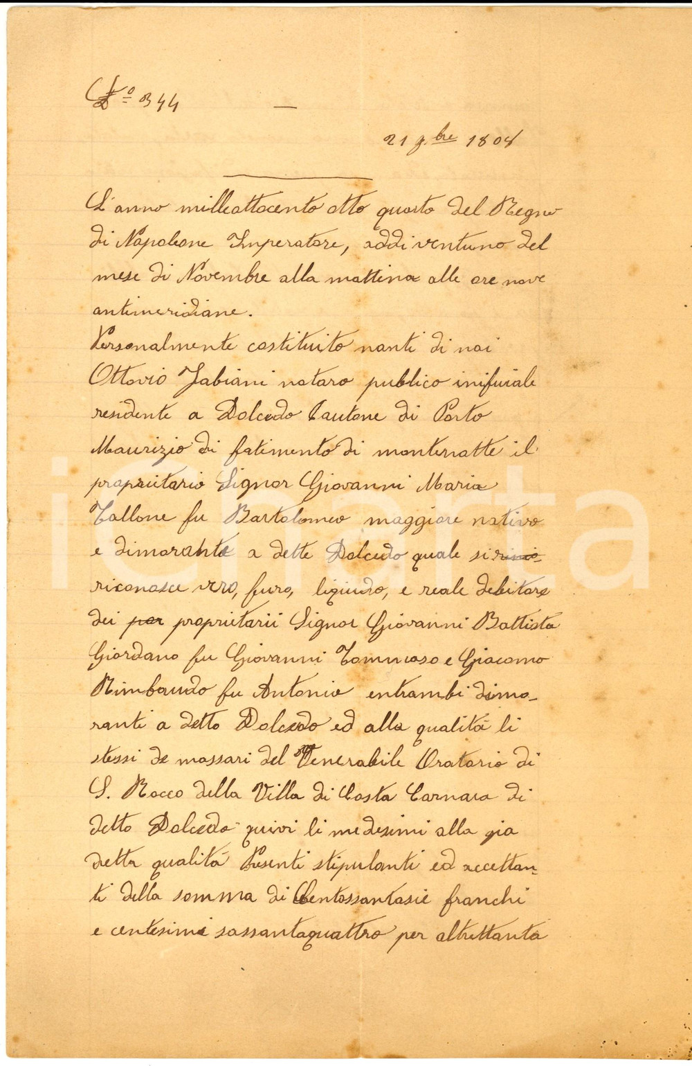 Documento originale, autentico 1808 DOLCEDO IM Giovanni Maria TALLONE debitore dei massari Oratorio SAN ROCCO 1