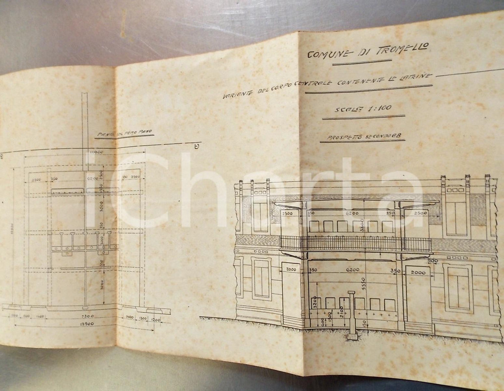 Mappa, planimetria storica 1912 TROMELLO PV Prospetto di edificio con corpo centrale e vano latrine 48x23 1