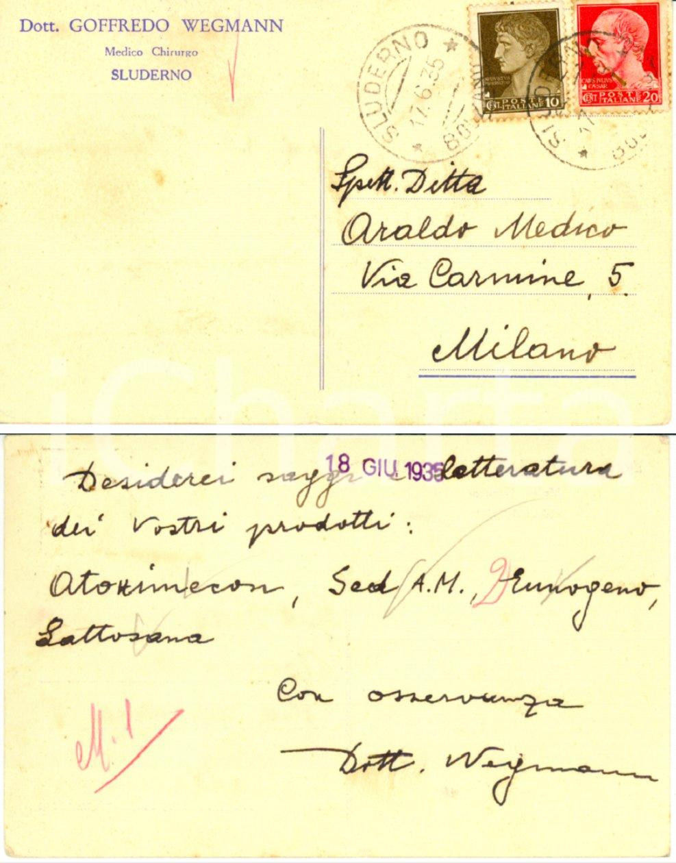 Autografo originale 1935 SLUDERNO BZ Dott. Goffredo WEGMANN su novitÃ  farmaceutiche AUTOGRAFO 1