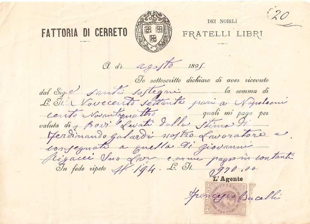 Documento originale, autentico 1895 PONTASSIEVE FI Fattoria CERRETO Nobili Fratelli LIBRI Ricevuta bestiami 1