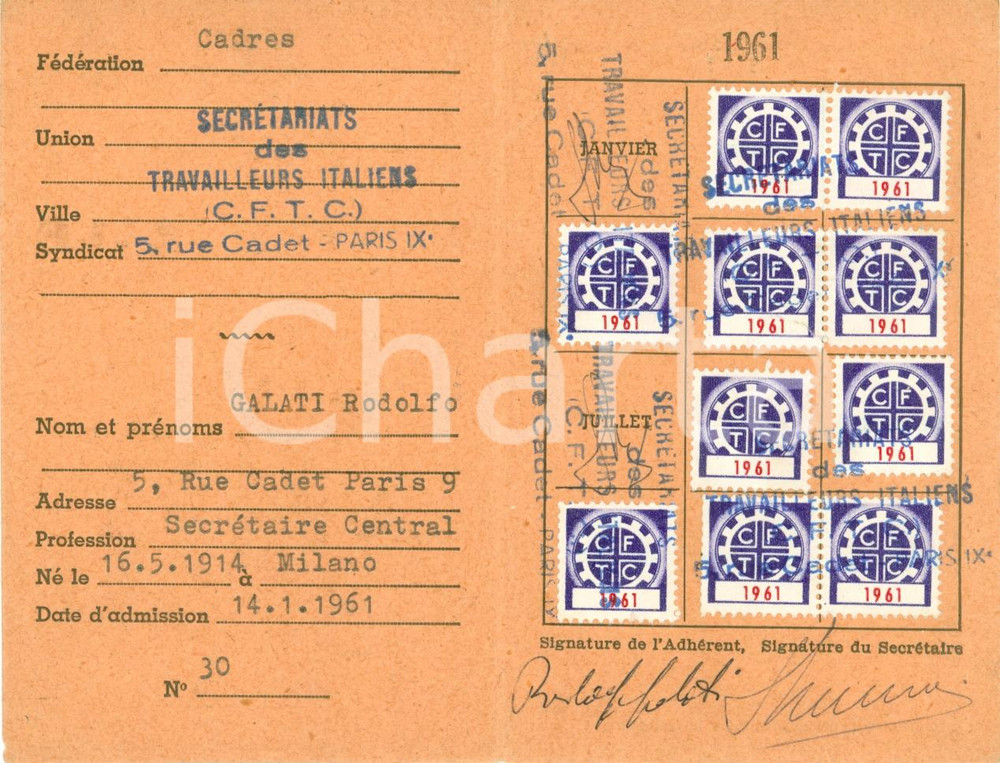 Oggetto da collezione cartaceo 1961 PARIS  Secréariat des Travailleurs Italiens Tessera 1
