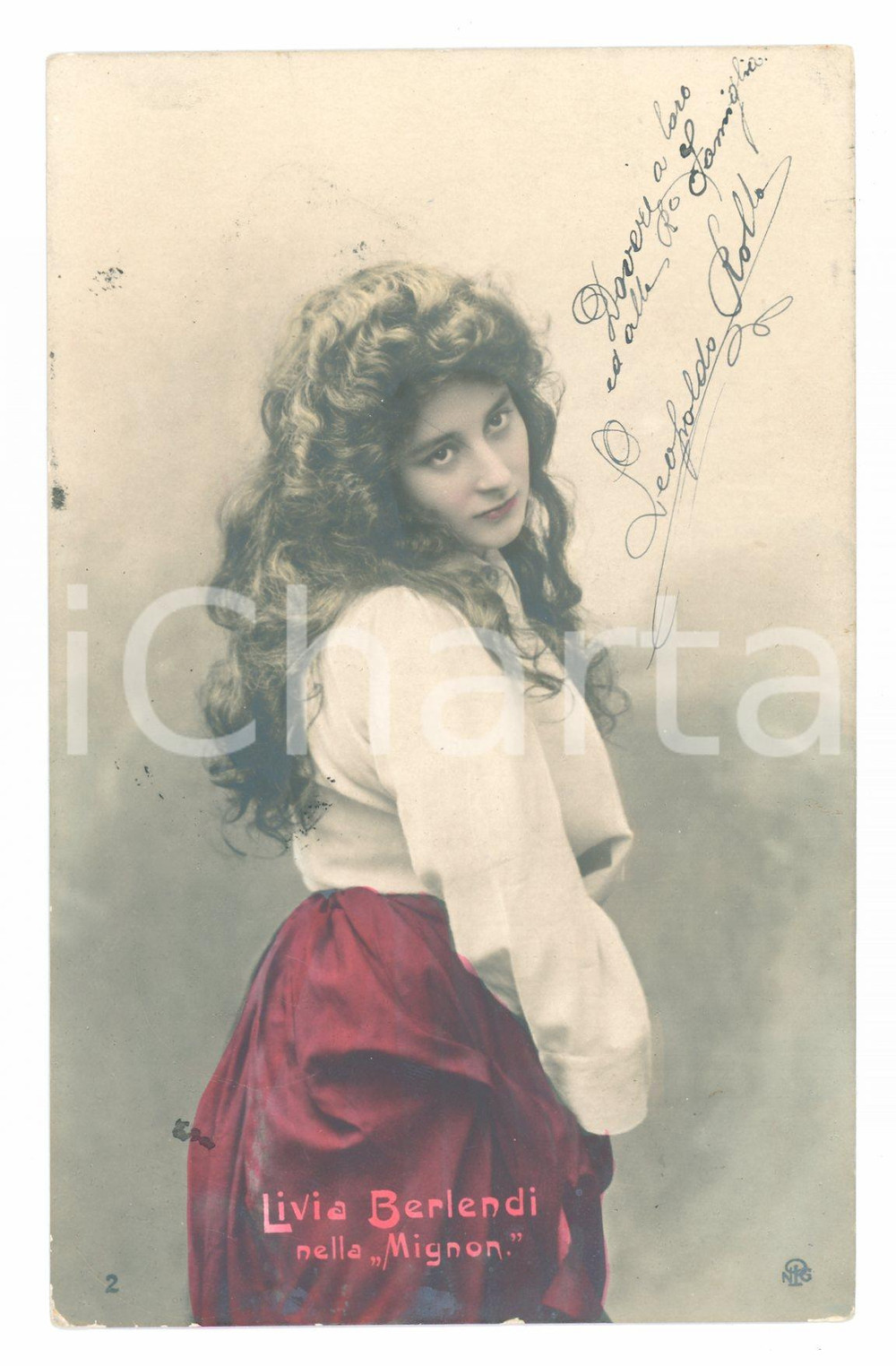 Cartolina originale da collezione 1902 Livia Berlendi, abito di scena - Opera Mignon 1