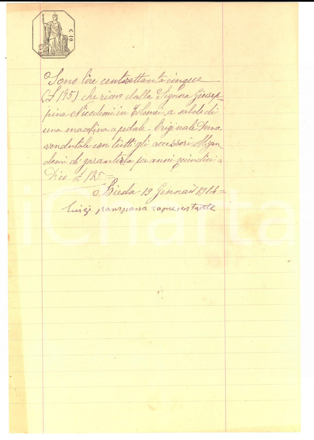 Documento originale, autentico 1914 BIEDA /BLERA Ricevuta a Giuseppina NICODEMI TOLOMEI per macchina a pedale 1