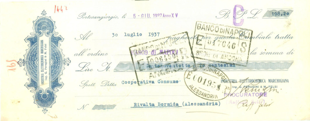 Documento originale, autentico 1937 PORTO SAN GIORGIO FM Industria Elettrochimica Marchigiana Cambiale 1