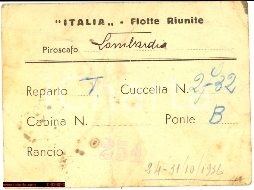 Oggetto da collezione cartaceo 1936 PIROSCAFO LOMBARDIA Biglietto di navigazione 1
