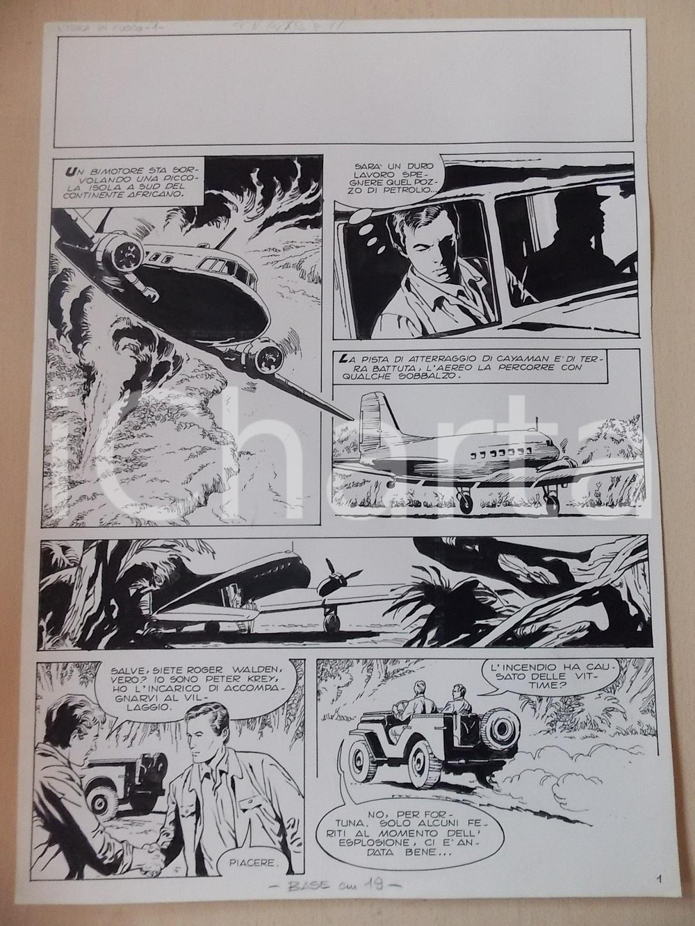 Opera d’arte autentica 1970 ca ISOLA DI FUOCO Luciano BERNASCONI Aereo bimotore sorvola isola Tavola 1