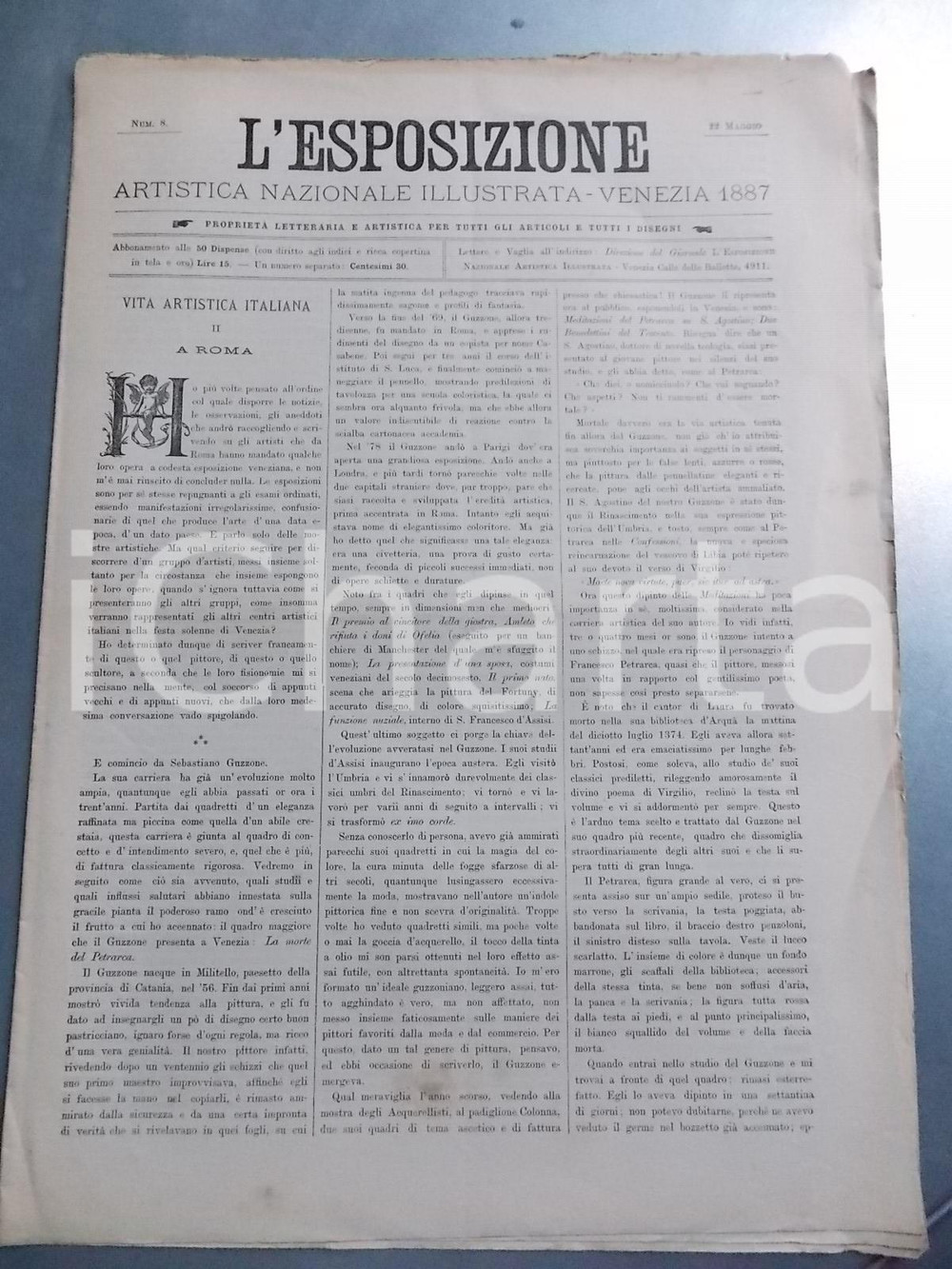 Giornale, rivista storica 1887 VENEZIA L ESPOSIZIONE Artistica ILLUSTRATA nÂ°8 Sebastiano GUZZONE 1