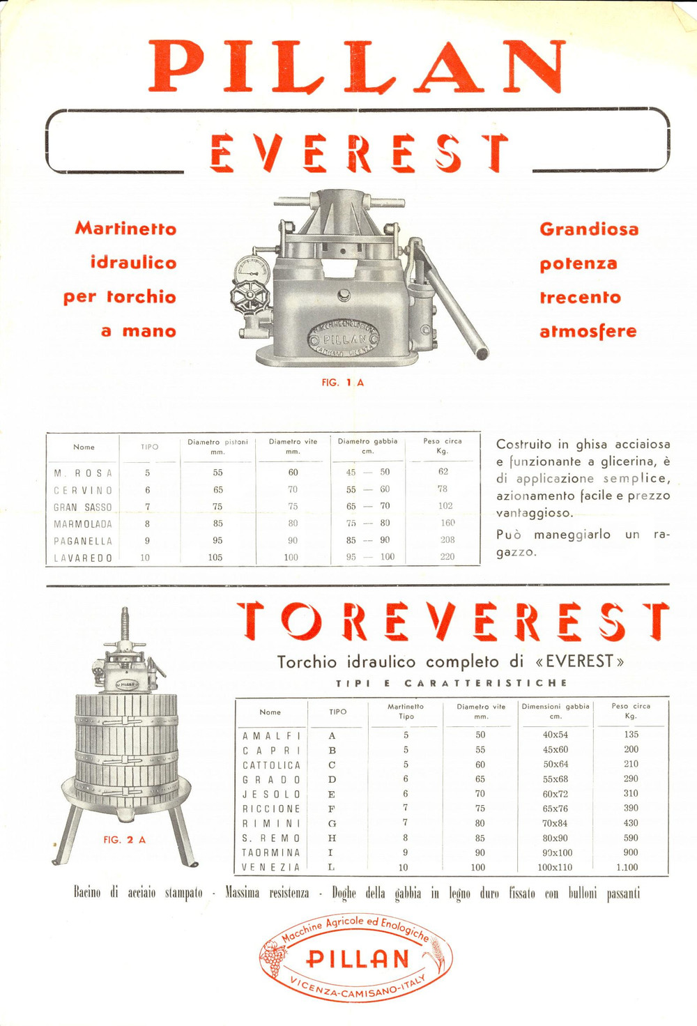 Materiale pubblicitario d’epoca 1960 ca CAMISANO (VI) Macchine enologiche PILLAN Torchi e pigiatoi per uva 1