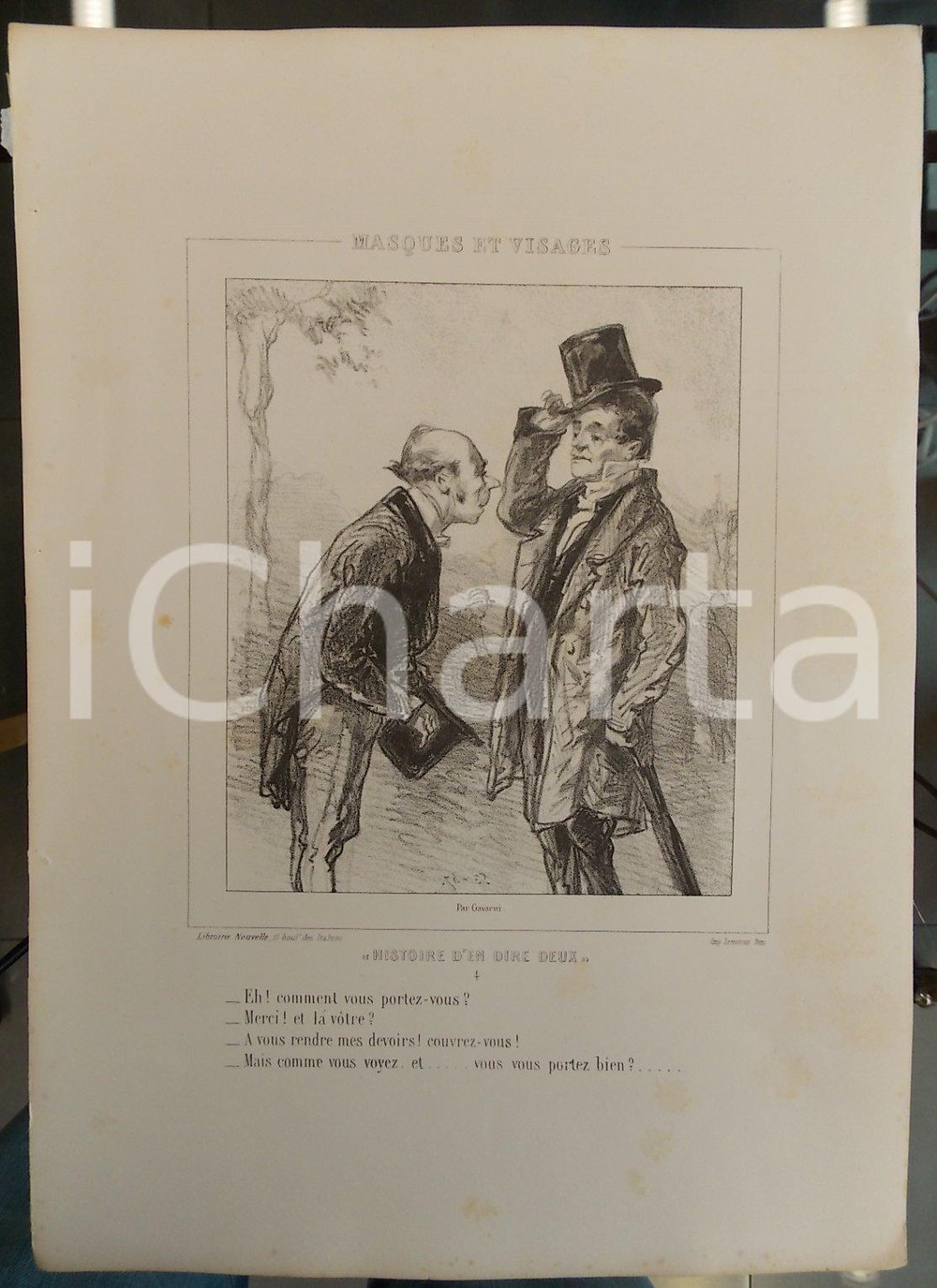 Stampa, bozzetto originale 1853 Paul GAVARNI Masques et visagesHistoire d en dire deux Tav. 4 Couvrezvous 1