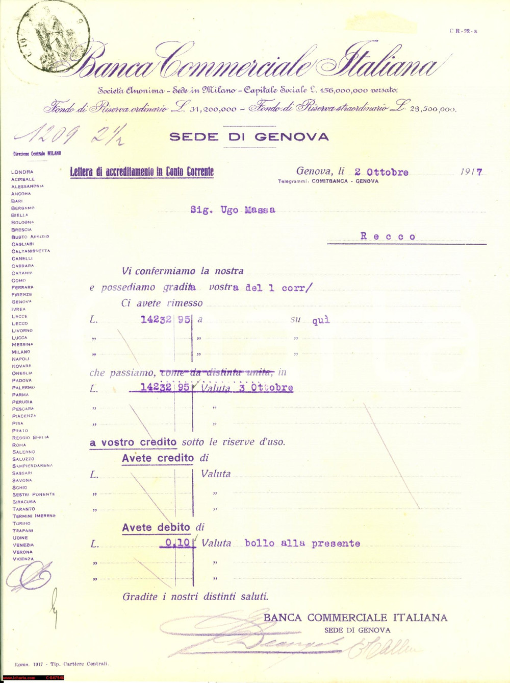 Manoscritto, lettera originale 1917 GENOVA Banca Commerciale Italiana Ugo MASSA 1