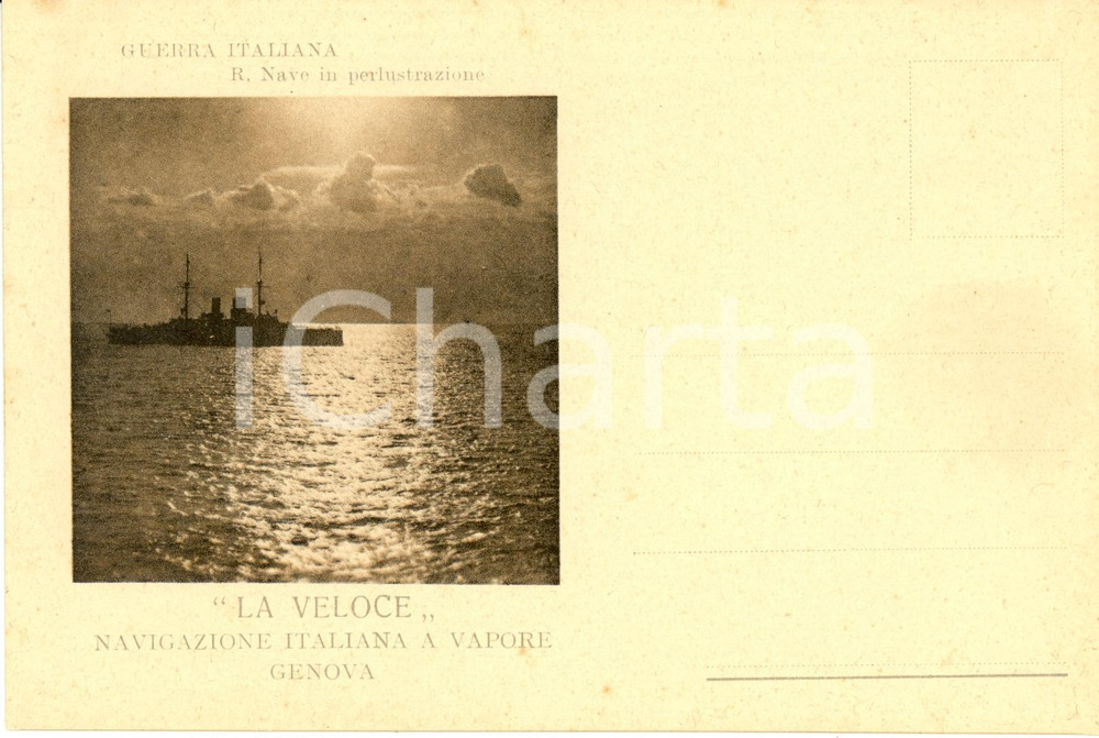 Cartolina originale da collezione 1915 ca GENOVA La Veloce - Serie GUERRA ITALIANA Regia Nave in perlustrazione 1