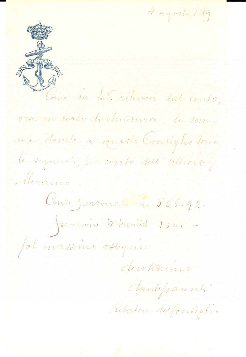 Documento originale, autentico 1889 LIVORNO Regia Accademia Navale  Somme dovute dal conte Aleramo TORNIELLI 1