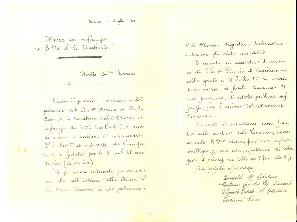 Autografo originale 1901 TORINO Messa in suffragio per l anima del re Umberto I Lettera ai parroci 1