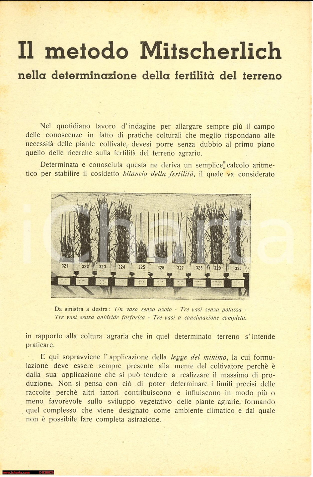 Materiale pubblicitario d’epoca 1939 Ilario ZANNONI Metodo MITSCHERLICH terreni fertili Giornale Agricoltura 1