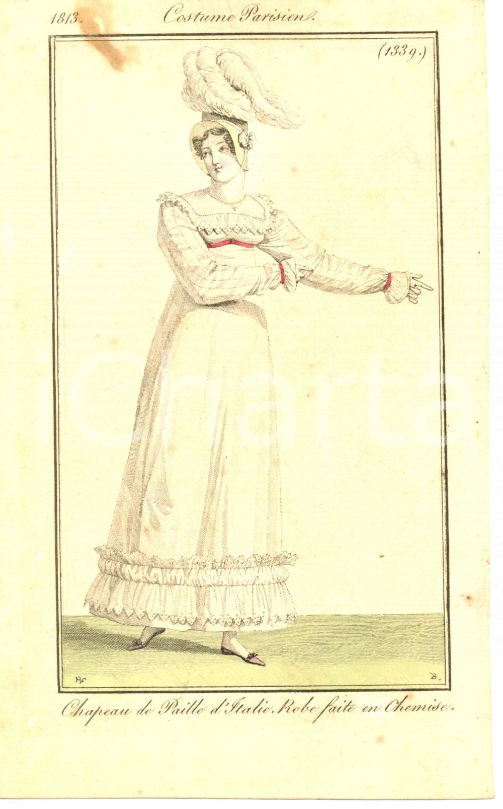 Stampa, bozzetto originale 1813 JOURNAL DES DAMES ET DES MODES Costumes parisiens *Chapeau paille d'Italie 1